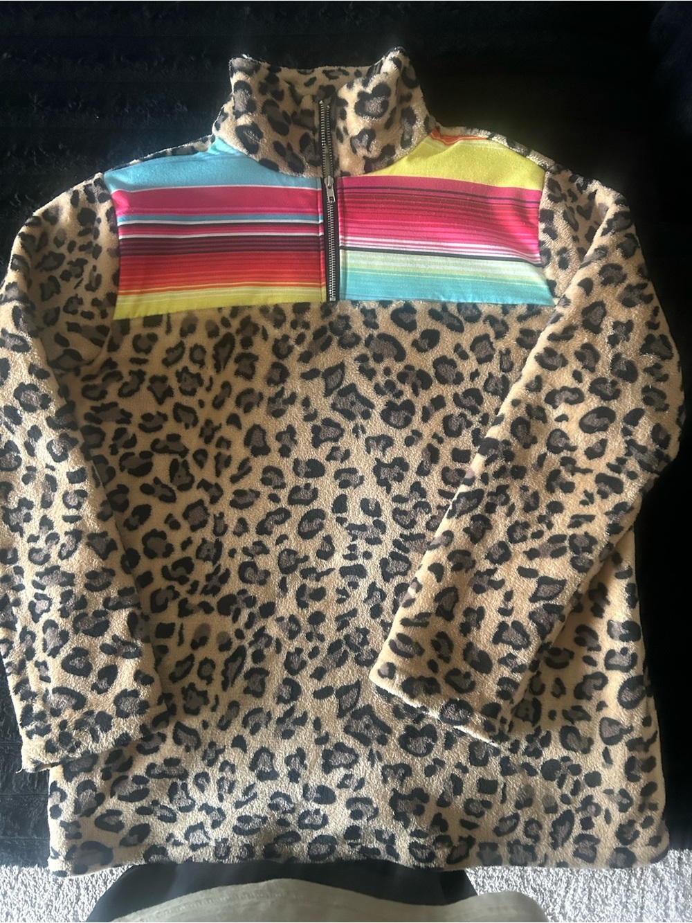 Leopard Print Fleece Pullover with Multicolor Stripe Yoke